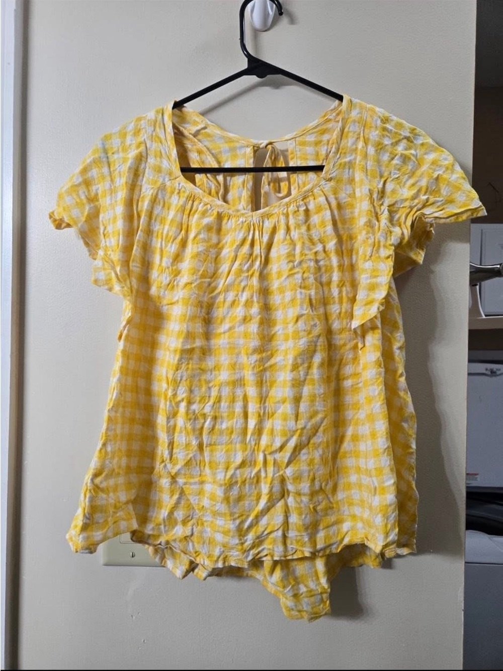 Yellow Gingham Ruffle Sleeve Women's Top